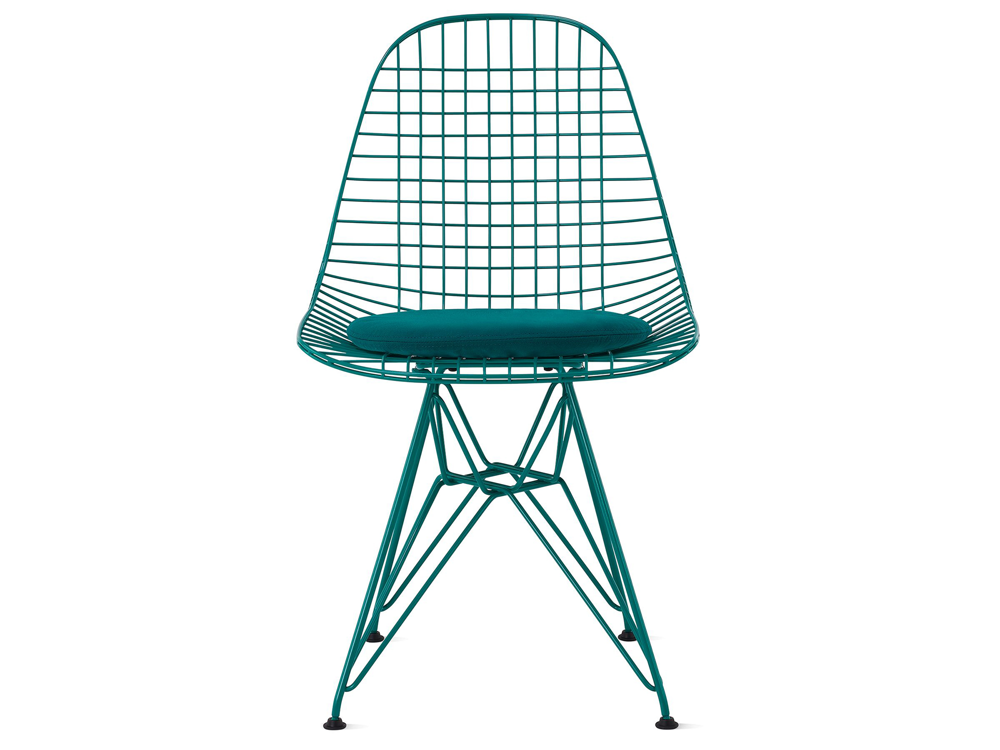 Mint green wire upholstered chair with wire base front view